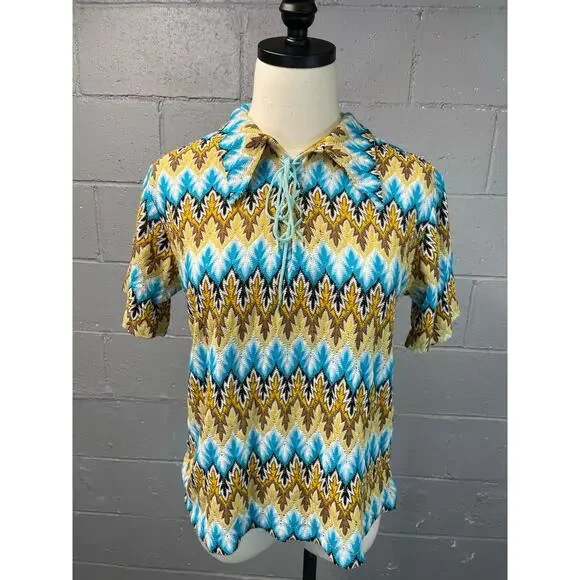 Vintage 60s Psychedelic Chevron Novelty Knit Short Sleeve Shirt Lace Up Med - Picture 6 of 10